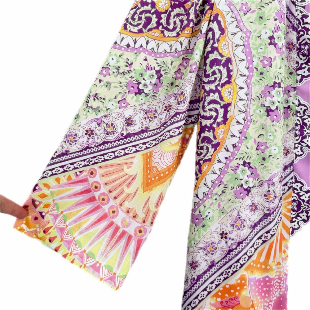 Chico’s Sz 0 Purple Pastel Coastal Tile Floral Satin Boho Chic Duster Cardigan - Picture 9 of 13